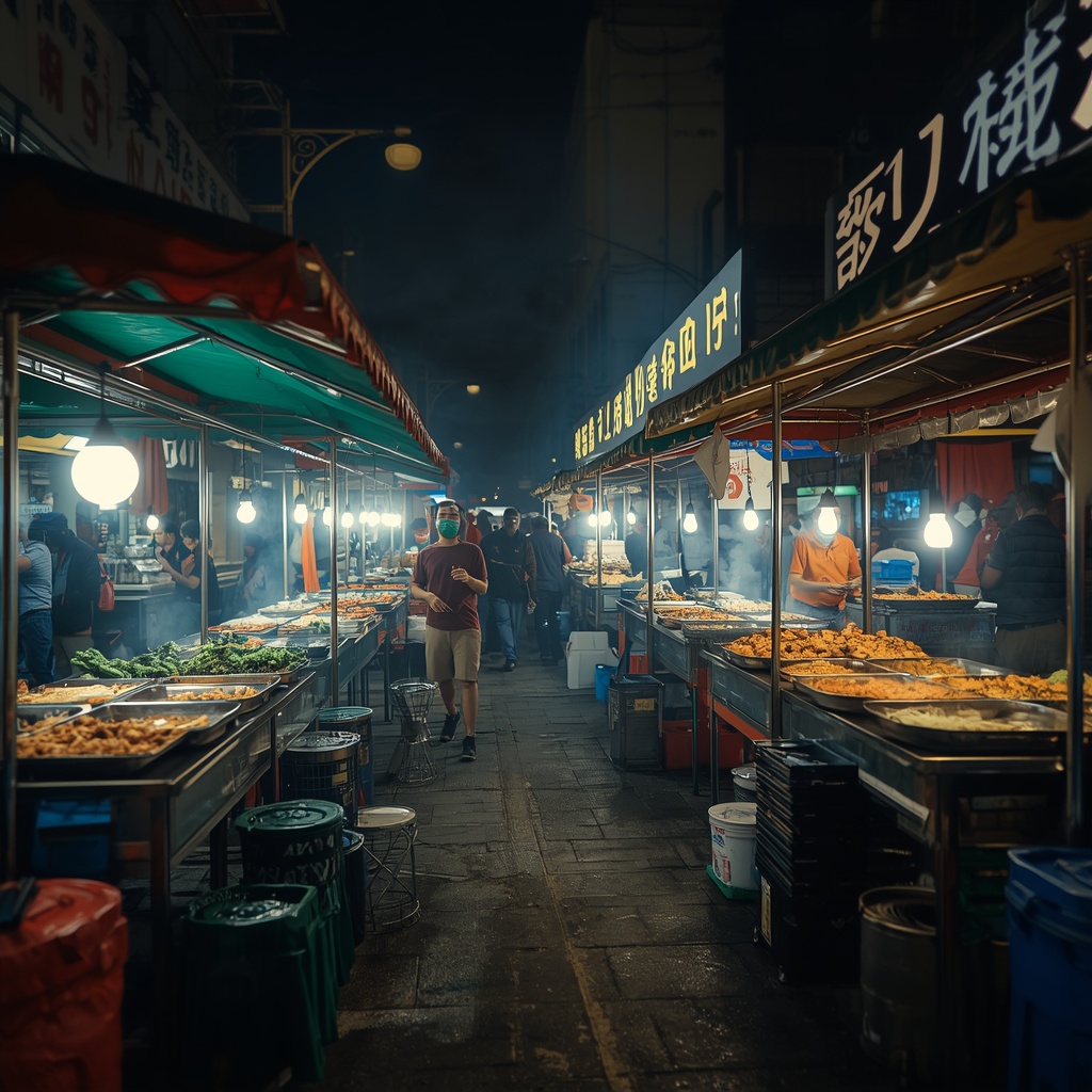 A bustling night street food market, brightly lit food stalls with various delicious dishes, vibrant colors, smoke rising from grills, no people in foreground, photorealistic, 8k resolution