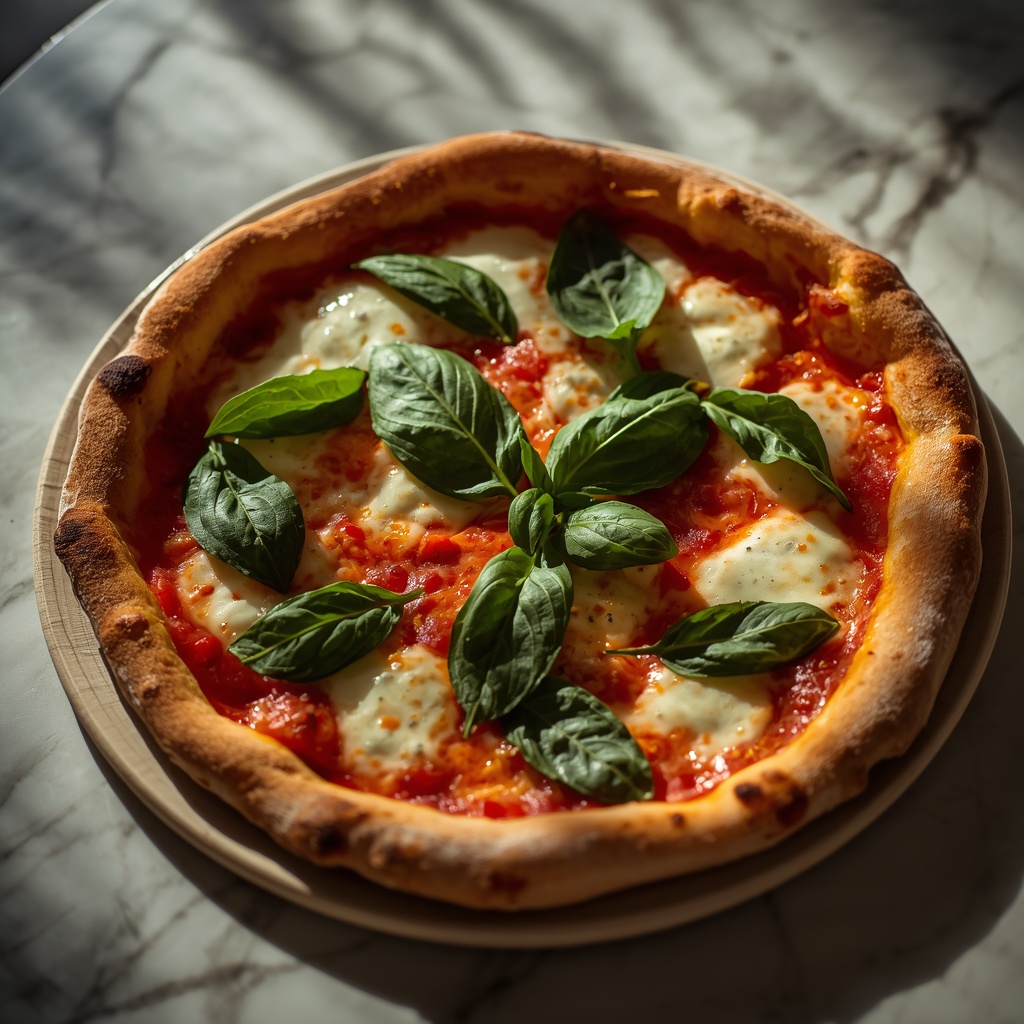 A delicious wood-fired pizza with fresh basil and melted mozzarella on a marble table, warm lighting, cinematic food photography, no people